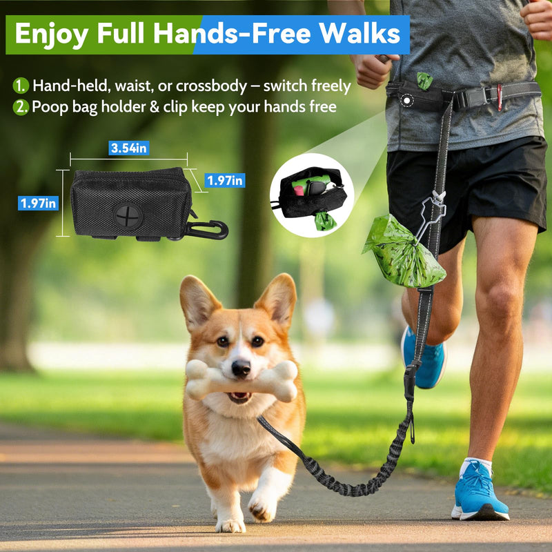 Hands Free Dog Leash 4-in-1, Adjustable 4–6 ft Waist & Crossbody Leash with Seat Belt Clip & Poop Bag Holder, Reflective & Heavy-Duty for Running, Walking, Hiking, Training Black