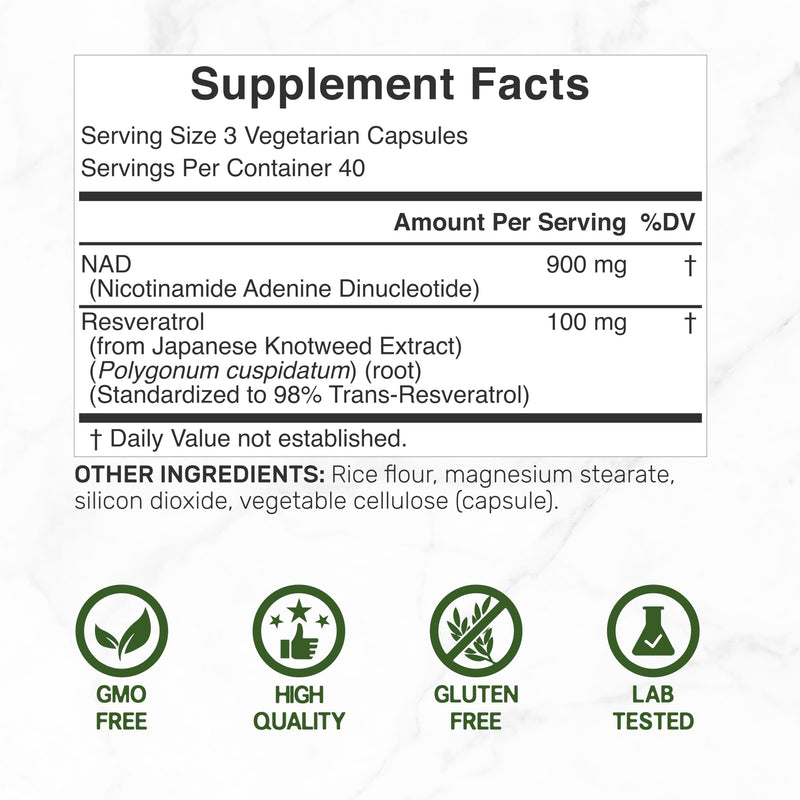 NAD+ Resveratrol Supplement 1,000mg Per Serving, 120 Veggie Capsules | 2-in-1 Extra Strength NMN Supplement Alternative | NAD Supplements for Women & Men | Non-GMO, Gluten Free