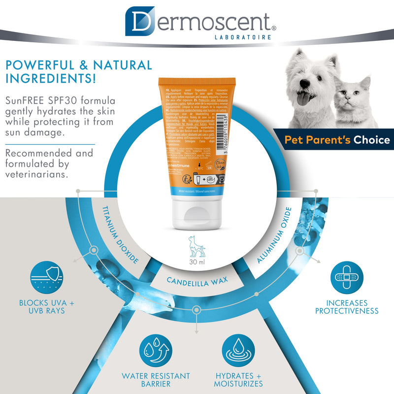 Dermoscent SunFREE SPF30+ Cat & Dog Sunscreen - Safe & Natural Mineral Sunscreen Moisturizing Sun Protection - 30 Ml / 1 Fl. Oz.