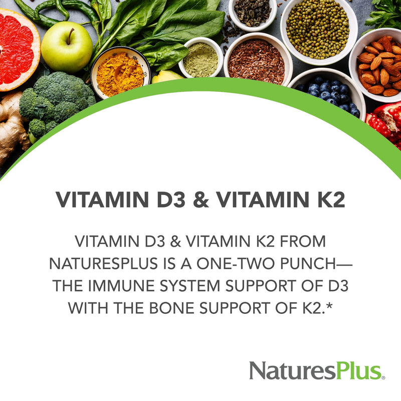 NaturesPlus Vitamins D3 (1000 IU) & K2 (100 mcg) - Vegetarian, Gluten Free - 90 Capsules, 90 Servings