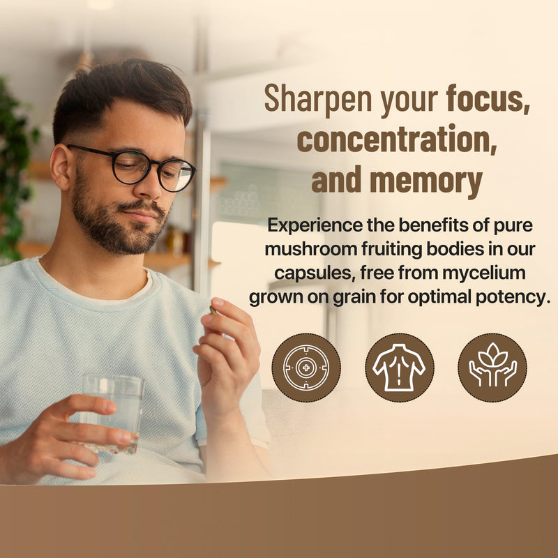 100% Pure Cognition Mushroom Supplement - Lion’s Mane, Reishi, Cordyceps & More - Promotes Mental Clarity, Focus, Memory, Energy, Performance - Mushroom Brain Vitamins