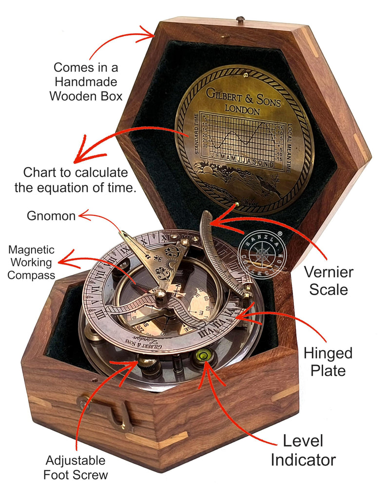 Antique Brass Sundial Compass with Wooden Box and Chart | Working Compass | Gilbert & Sons London Sun Clock Decorations Ship Replica Watch