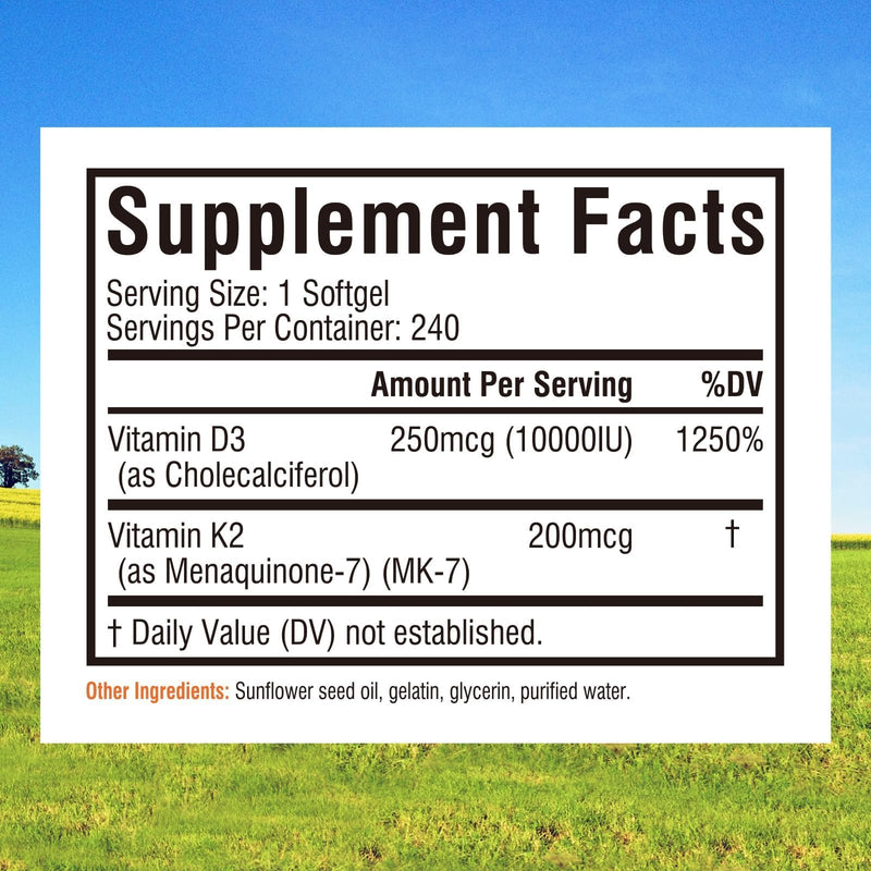 Innate Vitality Vitamin D3 K2, High Potency Vitamin D3 10000iu 240 Softgels | w/ Vitamin K2 (MK-7) 200 mcg, Supports Bone, Teeth, Heart & Immune Health Non-GMO, Gluten Free 240 Count (Pack of 1)