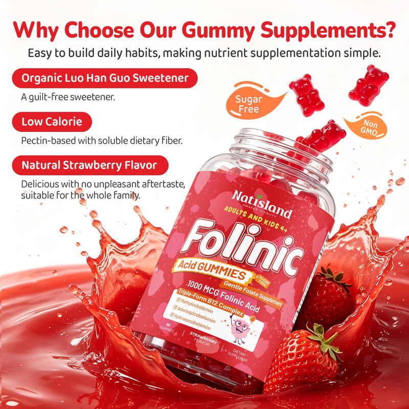 Folinic Acid for Kids & Adults 4+, 1mg Folinic Acid & B12, 60CT | Healthy Brain Support, MTHFR-Friendly, Folic Acid Alternative, Non-GMO, Sugar Free, Strawberry Flavor