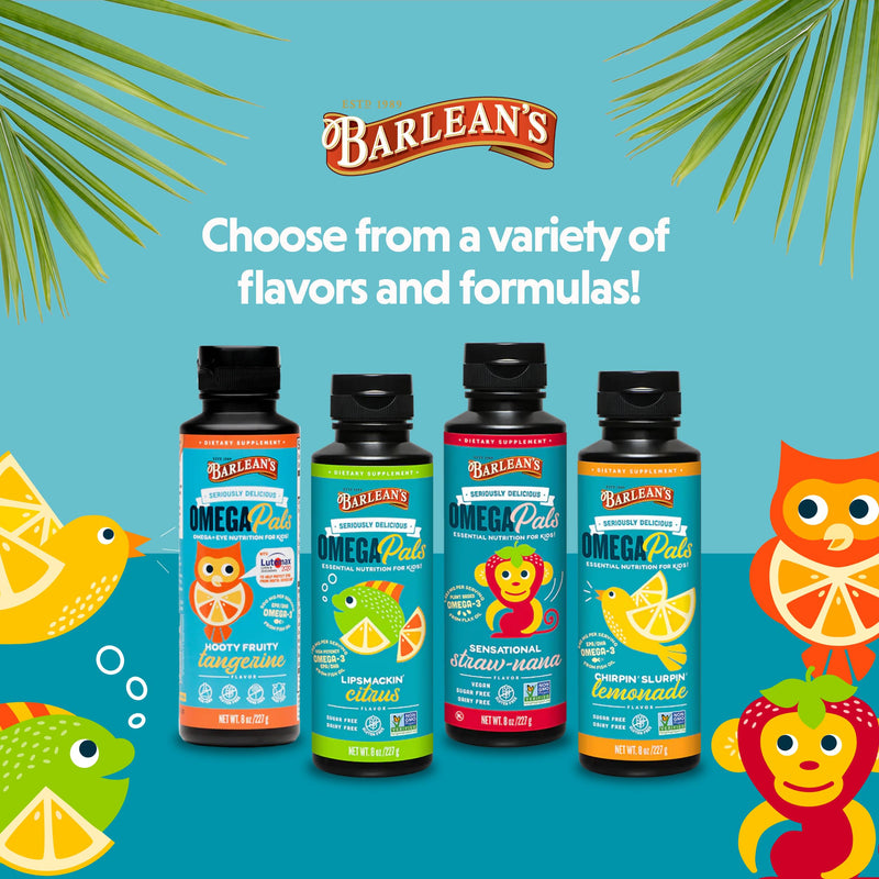 Barlean's Straw-Nana Omega Pals Kids Omega-3, 1483mg ALA, 8oz, 2-Pack | Plant-based kids omega-3, 1,483mg ALA, Fish-free, Non-GMO, Gluten-free, Vegan, Kid-friendly liquid, Brain & eye Sensational Straw-Nana 8 Fl Oz (Pack of 2)