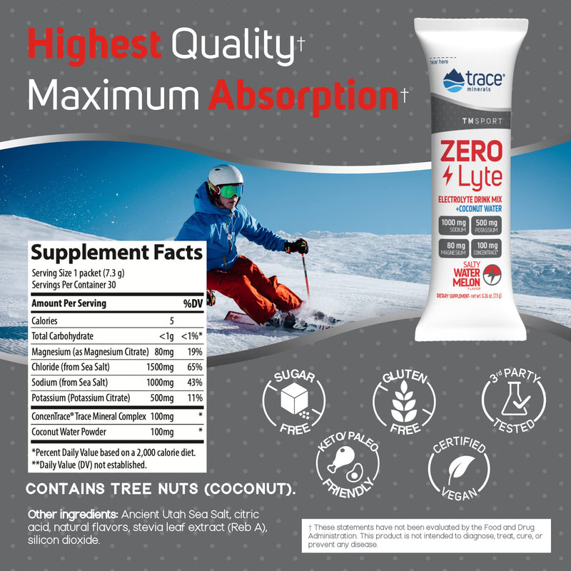Trace Minerals ZEROLyte (Salty Watermleon) | Sugar Free Electrolyte Powder Drink Mix | Hydration, Immunity & Energy Support Powered by Concentrace | Gluten Free, Vegan | 30 Packets Salty Watermelon - BeesActive Australia