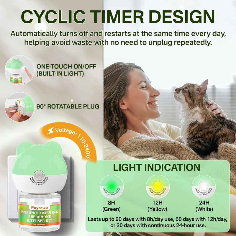 puyrzoe Cat Calming Diffuser with 3 Timing Functions, 6-in-1 Cat Pheromones Calming Diffuser Kit, 120-Day Anxiety Relief, Stress Reduction & Relaxation for All Cats (2 Diffusers + 4 Refills) 2 Diffuser + 4 Refill