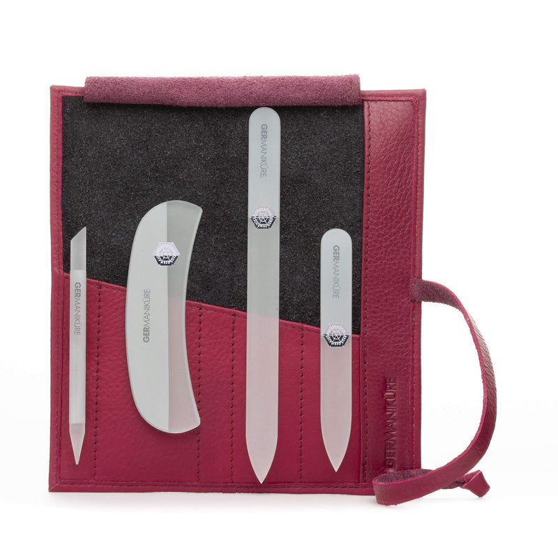 GERMANIKURE Gray Crystal Glass Nail File Set in Magenta Leather Case – Handmade in Czech Republic – Professional Manicure & Pedicure Supplies – Glass Cuticle Stick, Pusher, Moon File