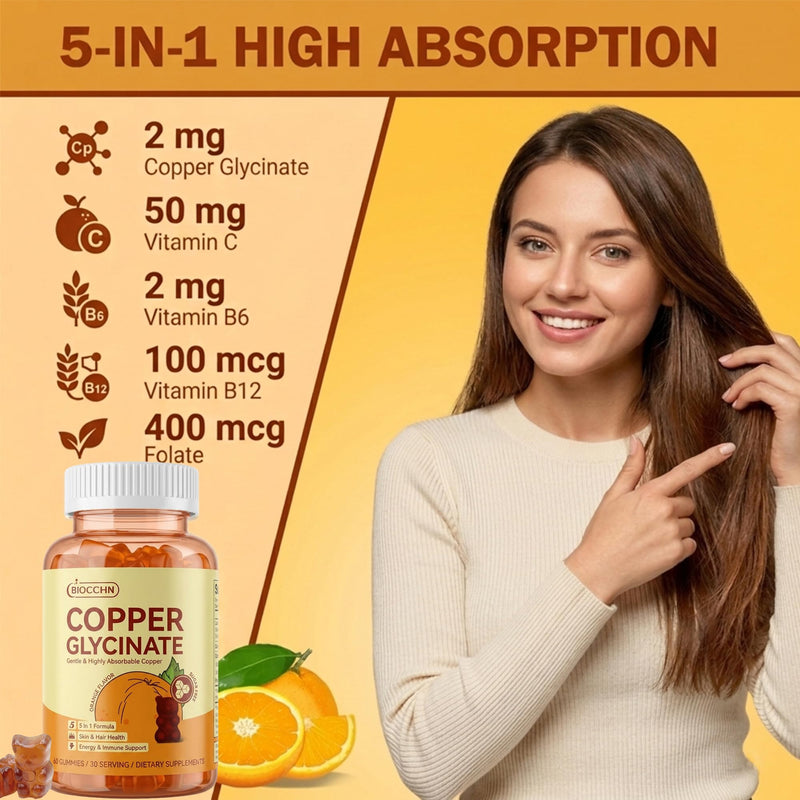 Copper Gummies, Skin & Hair Health, 2mg Chelated Copper Glycinate for Women | Copper Glycinate Gummies with Vitamins C, B6, B12 & Folate for Red Blood Cell Formation, Energy Metabolism & Immune Support