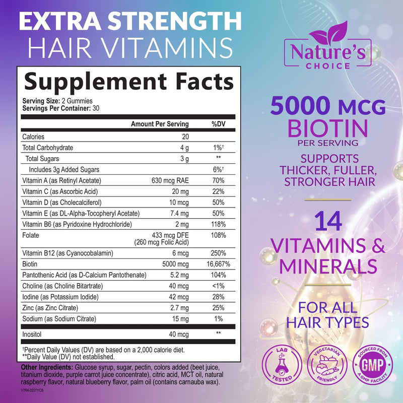 Hair Vitamins Gummies for Hair Growth - Hair, Skin & Nails Beauty Complex with 5000mcg Biotin per Serving - Supports Thicker, Stronger, Radiant-Looking Hair for Women & Men, Berry Flavor