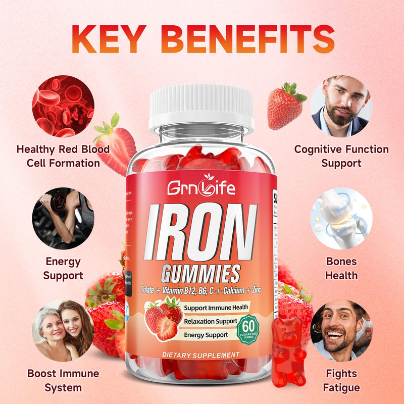 Iron Gummies for Women, Men & Kids, Sugar Free Iron Supplement with Calcium, Zinc, Folate & Vitamin B12, C, B6 - for Blood Building & Energy Support, Anemia, Strawberry, 120 Count 60 Count (Pack of 2)