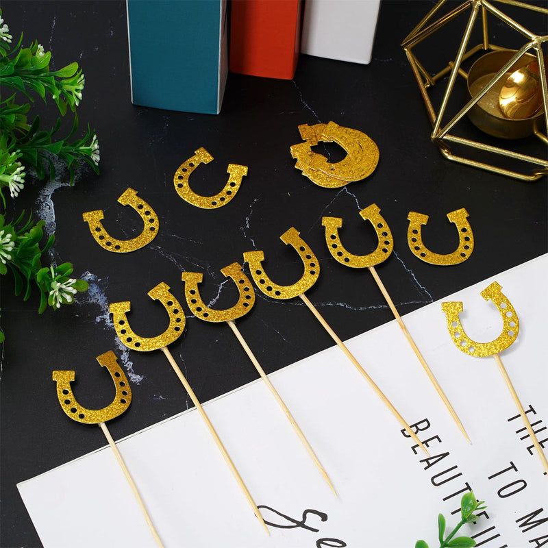 Whaline 300 Pcs Cocktail Picks 5.1'' Horseshoe Bamboo Cupcake Toppers Cocktail Skewer Gold Glitter Food Fruit Picks with Sticks Glue Points for Western Theme Party Birthday Baby Shower Supplies - BeesActive Australia