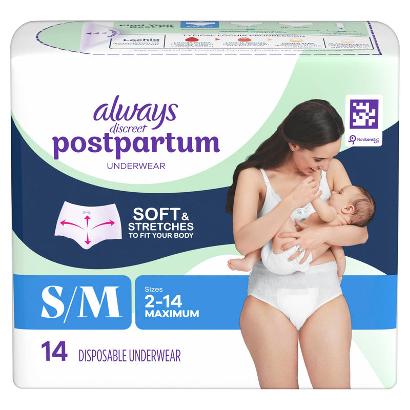 Always Discreet Postpartum and Adult Incontinence Underwear for Women, Small/Medium, Maximum Protection, 14 Count