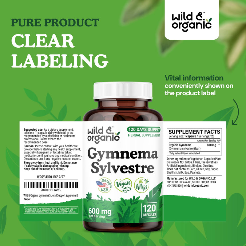 Wild & Organic Gymnema Sylvestre Capsules 600 mg - Overall Support - Natural Gymnema Supplement - Gurmar Herb Powder - 120 Days of Supply - Vegan, No Fillers, Non-GMO - 120 Count - BeesActive Australia