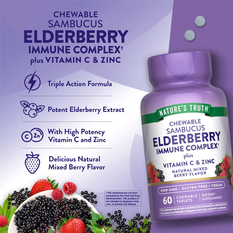Nature's Truth Elderberry Immune Complex | 60 Chewable Tablets | Plus Vitamin C & Zinc | Mixed Berry | Vegan, Non-GMO & Gluten Free Supplement