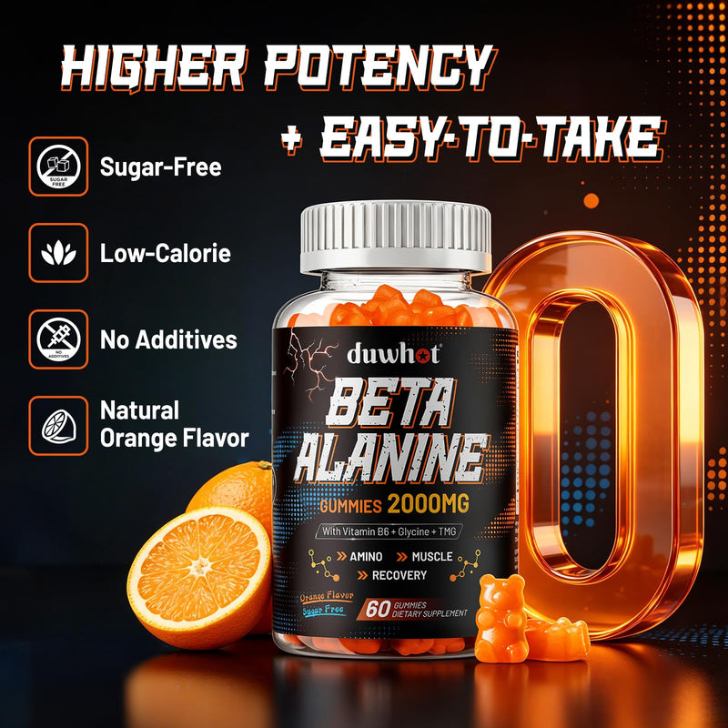 Beta Alanine Gummies 2000mg for Muscle Recovery, Sugar-Free, Vegan, 120 | 4-in-1 Amino Supplements with Glycine, TMG & Vitamin B6 for Adults, Orange Flavor, 60 Chews 60 Count (Pack of 2)