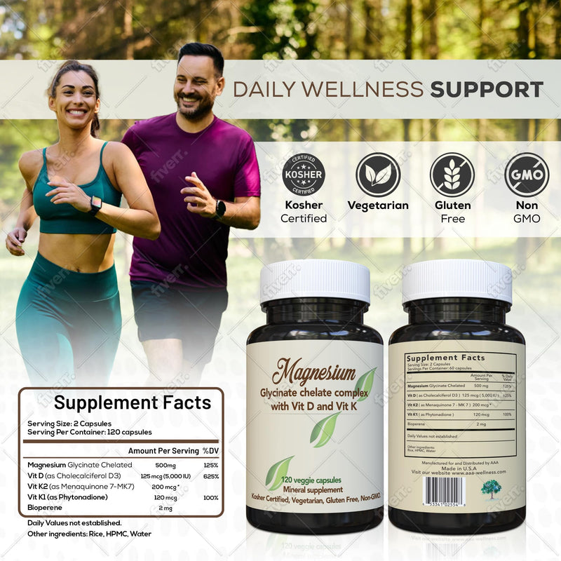 Magnesium Glycinate 500mg with Vitamin D3 + K2 – Small Easy-to-Swallow Capsules for Sleep, Muscle, Bone & Heart Support – Doctor Formulated, Non-GMO, Made in USA -120 Capsules