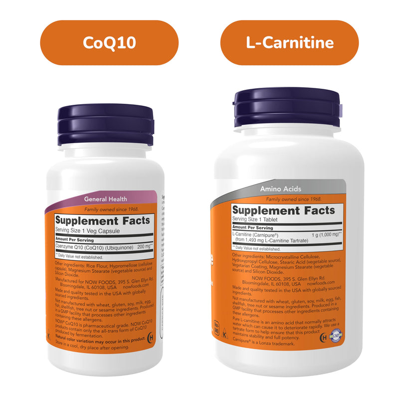 Now Foods Cellular Energy Bundle* - Coenzyme Q10 + L-Carnitine Supplements | CoQ10 for Women and Men 200mg 60ct + L-Carnitine 1000mg 100ct - Supports Cardiovascular Health, Cellular Energy and Wellness*