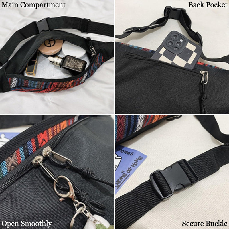 Ethnic Canvas Fanny Pack for Men and Women – Unisex Boho Bum Waist Bags with Zipper Pockets, Hands-Free Sling Crossbody Purse Adjustable Strap Travel Streetwear Hiking Camping Shopping Outdoor (Black) Black