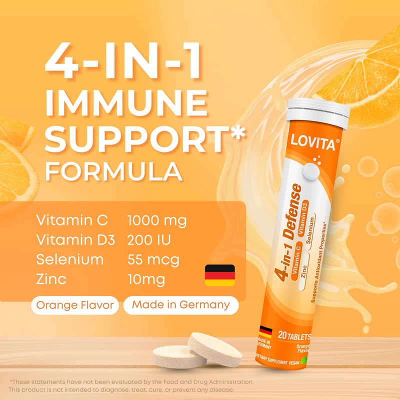 LOVITA 4-in-1 Vitamin C Effervescent Tablets, 20 Count, Pack of 3 | Three-Tube Value Pack, With D3, Zinc, Selenium, & Antioxidants; Orange Flavor, Vegan, Sugar-Free, Gluten-Free, & Lactose-Free 20 Count (Pack of 3)