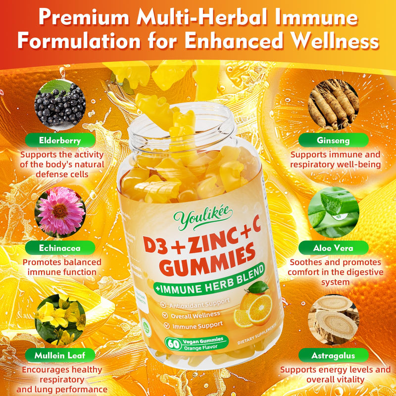 Vitamin C + D3 5000IU + Zinc Gummies for Adults, Orange Flavor, 60 Count | Immune Support supplement with Elderberry, Echinacea & Mullein Leaf - Antioxidant Support, Sugar Free 60 Count (Pack of 1)