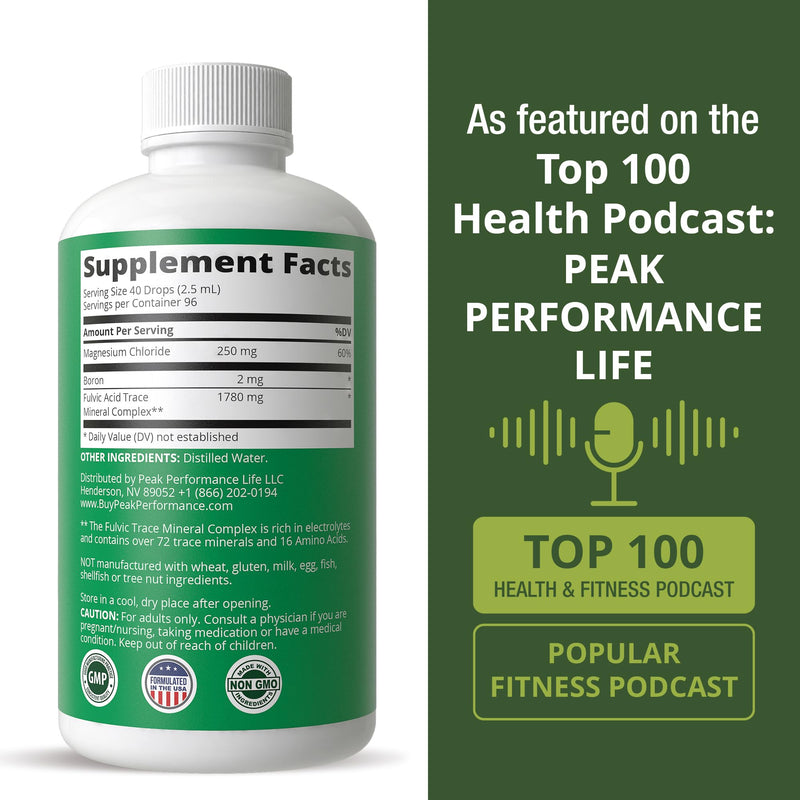 Peak Performance Ultra High Purity Trace Minerals Liquid Drops for Water | Ionic Plant Based Fulvic Trace Mineral Supplement + Magnesium. Replenishes Natural Minerals, Electrolytes + Optimal pH Levels