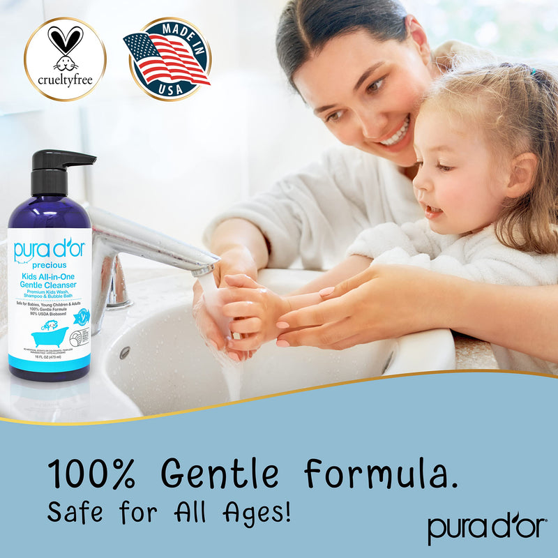 PURA D'OR 16 Oz Kids Wash - All-in-One Gentle Cleanser - USDA Biobased, Sulfate-Free, Tear-Less, Hypoallergenic, Premium, Shampoo & Bubble Bath 16 Fl Oz (Pack of 1) - BeesActive Australia