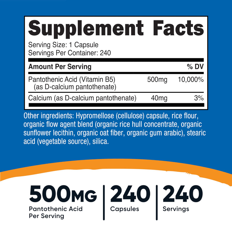 Nutricost Pantothenic Acid (Vitamin B5) 500mg, 240 Capsules 240 Count (Pack of 1)