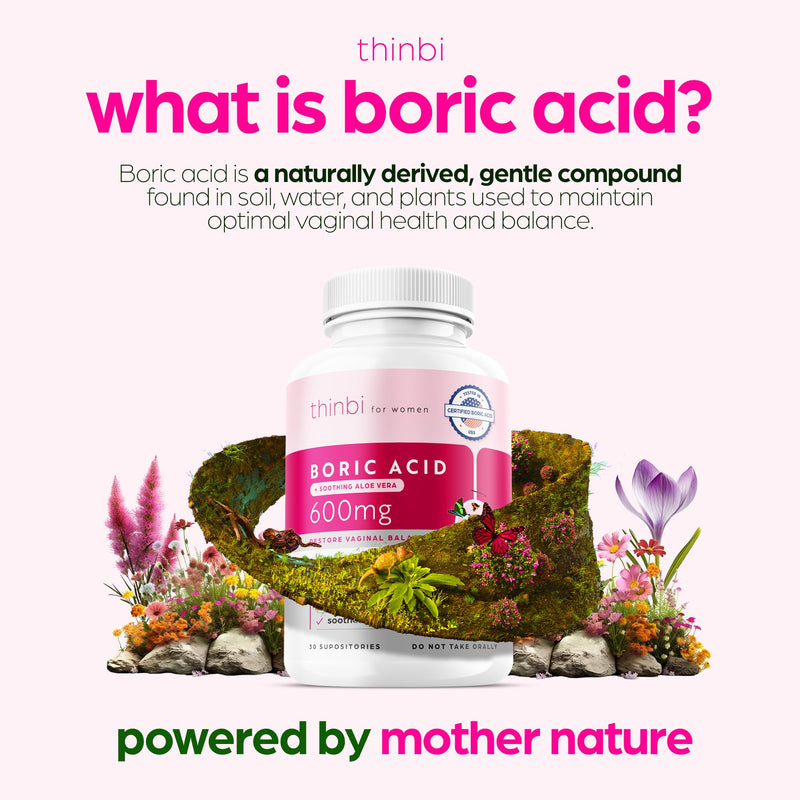Thinbi Boric Acid Suppositories for Women w/Aloe Vera - BV Treatment & PH Balance for vaginosis Treatment - to Support Intimate Health w/Clinically Studied Boric Acid 30 Count - BeesActive Australia