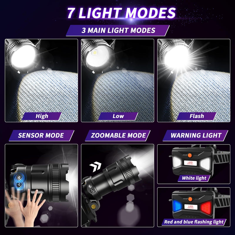 LED Headlamp High Lumens with Motion Sensor Super Bright, 3 Lighting Modes, Digital Display, Rechargeable, Waterproof Head Lamp, 90° Adjustable for Camping, Hiking, Fishing, Running Outdoor (1) 1