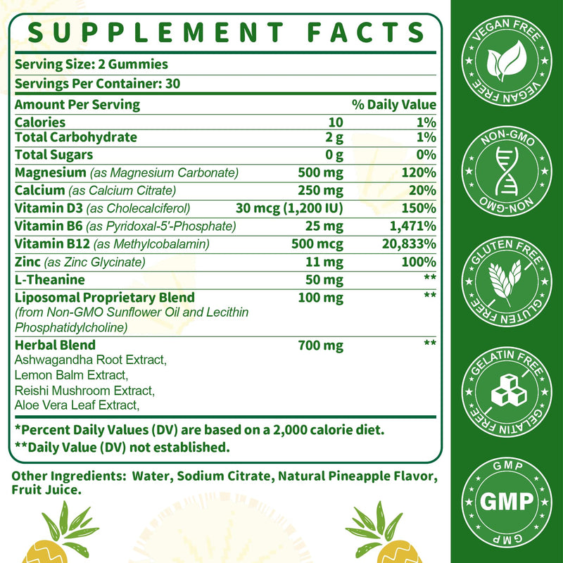 Liposomal Magnesium Carbonate Gummies 500 mg, Muscle & Nerve Support, 60cts | with Ashwagandha, L-Theanine, Calcium & Vitamin D3, Sugar-Free Vegan Pineapple Flavor, 1P 60 Count (Pack of 1)