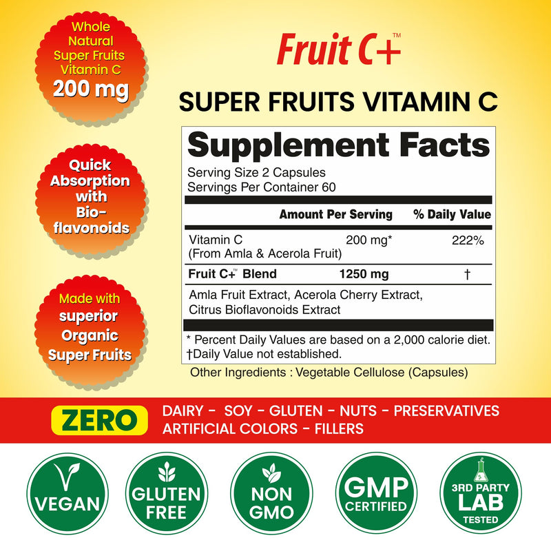 Organic Veda Super Fruits Vitamin C Supplement - Amla Fruit & Acerola Vitamin C Capsules with Bioflavonoids for Daily Immune Support - Organic Whole Food Fruit C+ Antioxidants Complex, 120 Vegan Pills