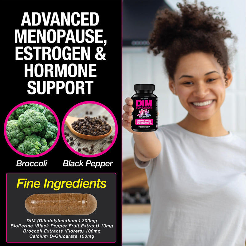 DIM Supplement 300 mg - Hormone Balance for Women, | Estrogen Supplement for Women with Hot Flashes & Night Sweats | Aids in Menopause Symptoms, Estrogen & Oestrogen. 60 Capsules
