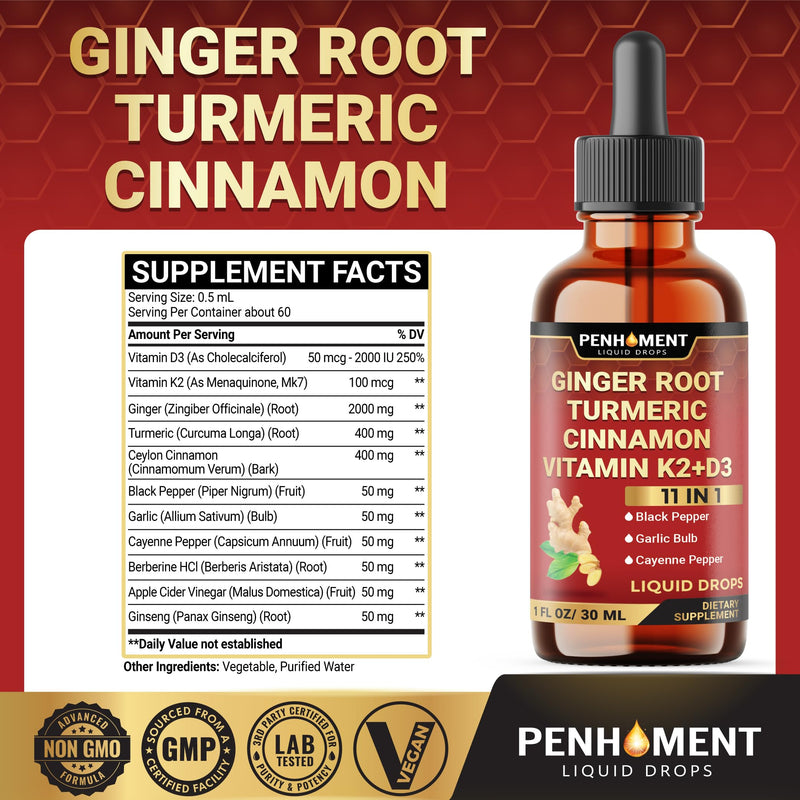 11in1 Liquid Ginger Extract with Liquid Turmeric, Ceylon Cinnamon Drops, Vitamin D3, Vitamin K2, Berberine Extract, Garlic, Black Pepper - Drops Extract - 1FL Oz - 2 Month Supply