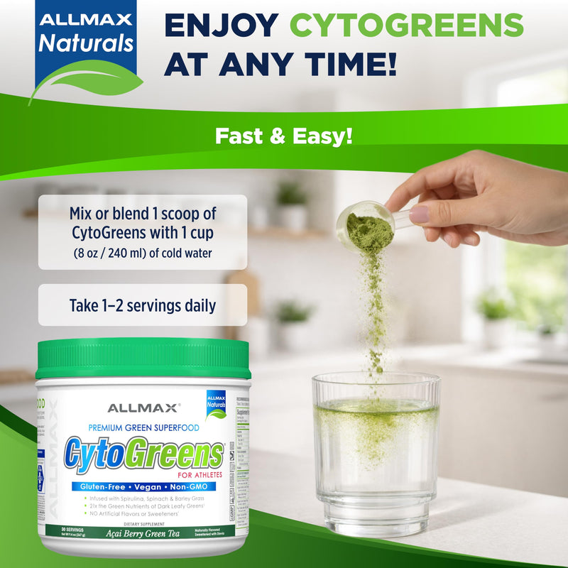 ALLMAX CytoGreens Super Greens Powder, Acai Berry Green Tea, 30 Servings | Supports Daily Wellness, Promotes Digestive Health, Superfood Greens Blend, Digestive Enzymes, Vegan