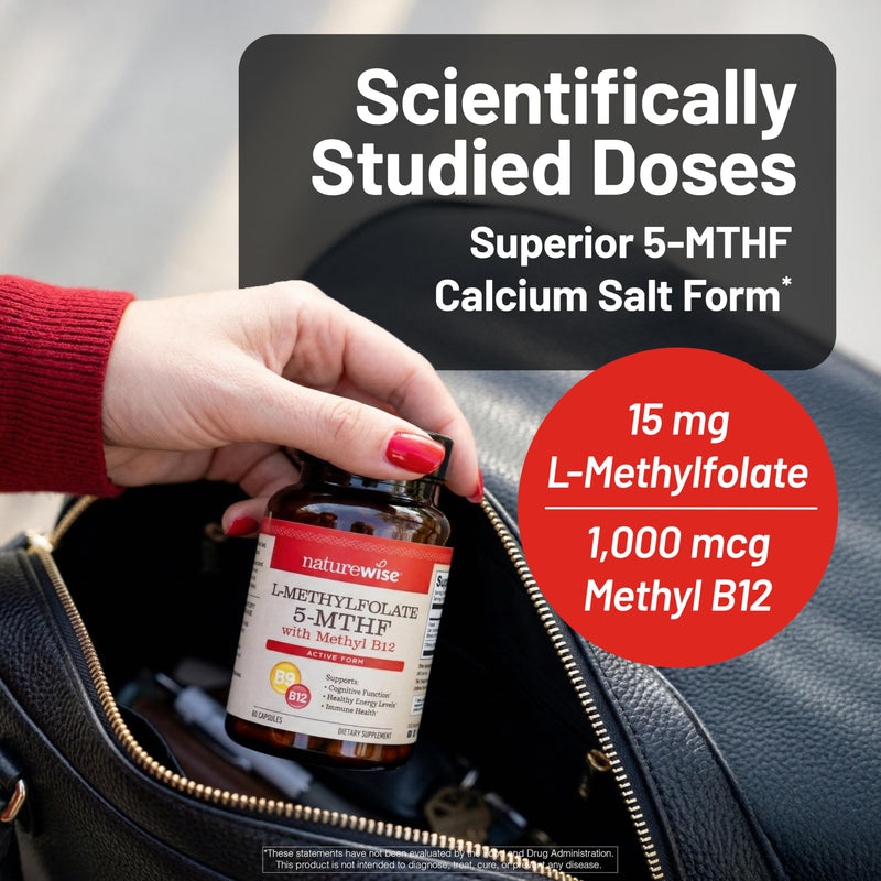 NatureWise L Methylfolate 15mg + B12 - L-Methylfolate 15mg + B12 Methylcobalamin 1000 mcg - Active 5-MTHF Form - Supports Mood & Energy - Vegan, Non-GMO, USA Manufactured - 60 Capsules [60-Day Supply]