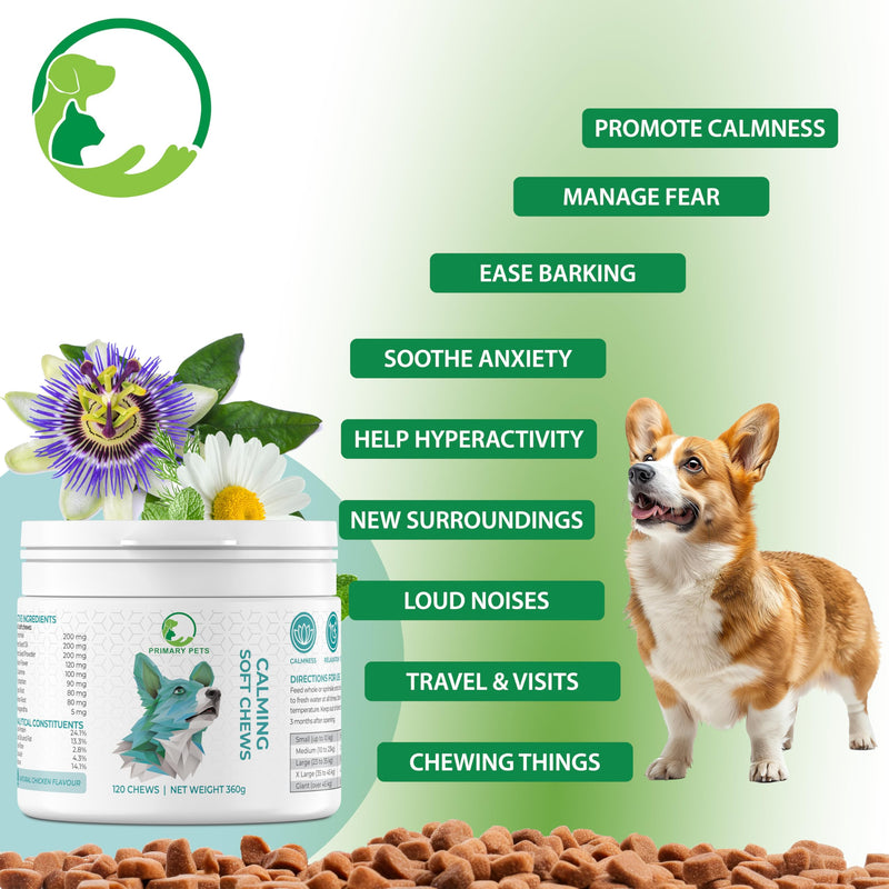 Primary Pets Premium Pet Supplies Calming Treats for Dogs, for Dog Barking, Anxiety, Stress, Fear, Hyperactivity, Aggression, Travel Anxiety, 120 Soft Chews 120 Chews