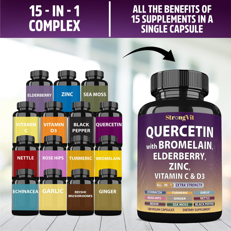 StrongVit Quercetin with Bromelain, Elderberry, Vitamin C, D3 and Zinc. Super Immune Support Supplement. Organic Complex for Men & Women, Non-GMO, Gluten-Free, Vegan, USA (120 Capsules) 120 Count (Pack of 1)