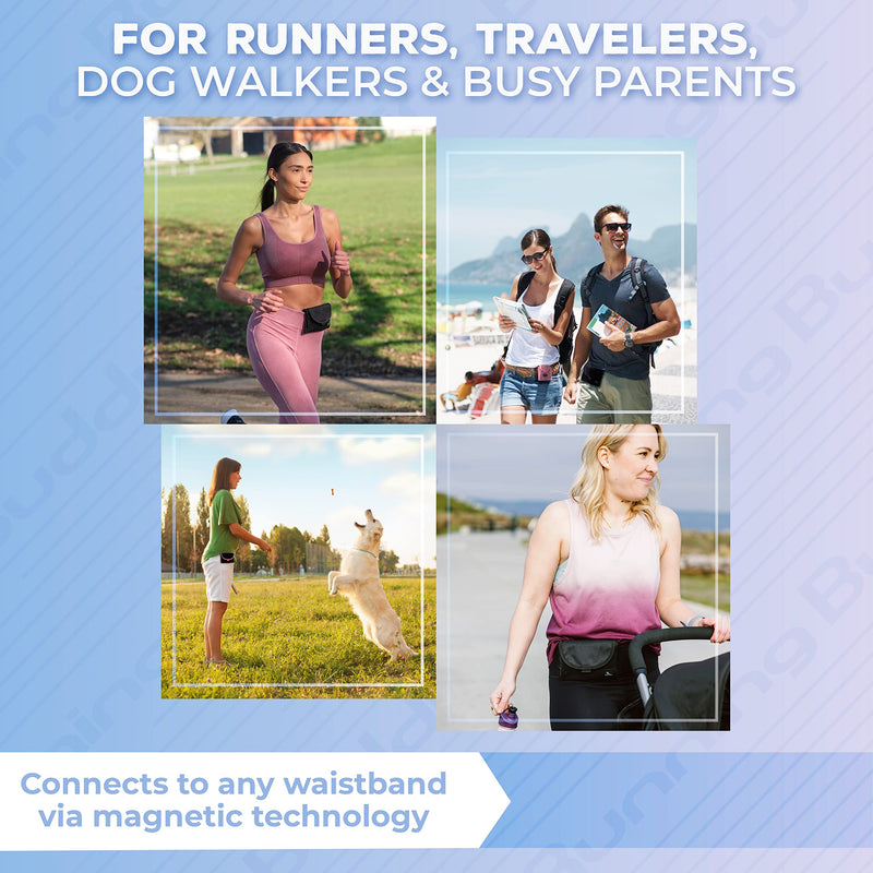 Running Buddy Unisex Running Fanny Pack - Men & Women | Walking, Traveling Waist Pack | Beltess, Chafe & Bounce Free | Water-Resistant & Magnetic Closure | L, XL, XXL | Black or Black & Pink