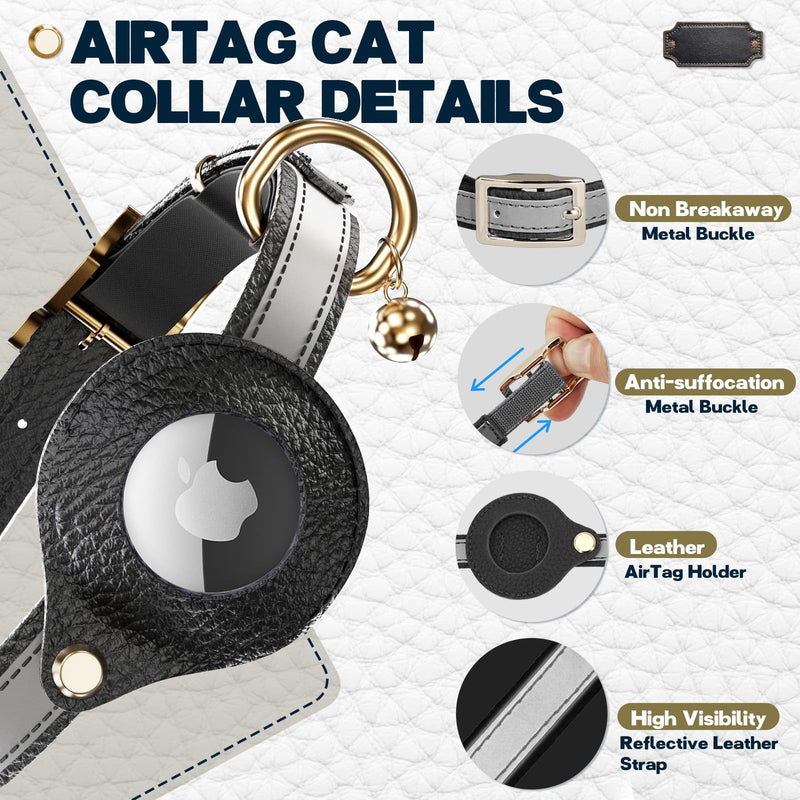 Leather AirTag Cat Collar Non Breakaway, Reflective GPS Cat Collar Adjustable with Bell and Elastic Strap for Kittens, Lightweight Cat Airtag Collar for Cats, Puppies (Black) Black - BeesActive Australia