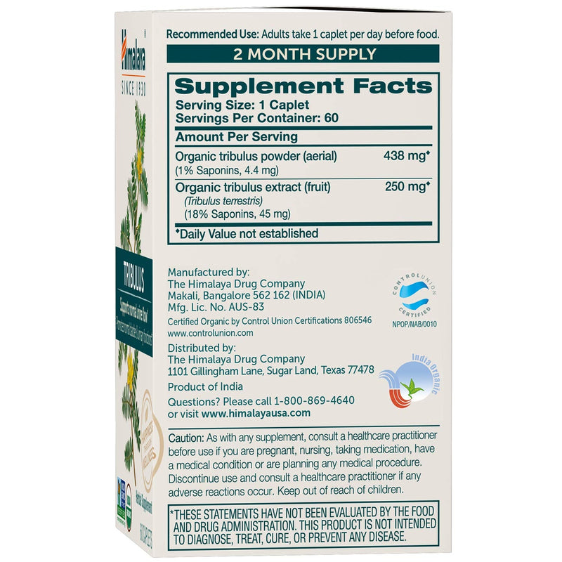 Himalaya Organic Tribulus Terrestris, Herbal Supplement for Urinary Support and Flow, Bladder Function, Prostate Support, Stamina, Male Energy, Non-GMO, USDA Organic, Vegan, 688 mg, 60 Caplets - BeesActive Australia