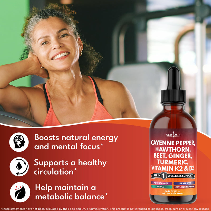 Cayenne Pepper Supplement Liquid Drops + Hawthorn Berry, Vitamin D3 K2 Beet Root Powder, Ceylon Cinnamon, Turmeric Curcumin, Organic Panax Ginseng - 4oz 2 Fl Oz (Pack of 2)