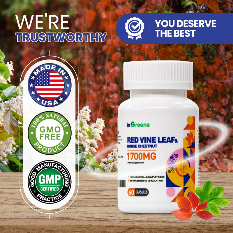 1700mg Red Vine Leaf Extract & Horse Chestnut Extract Supplements, Supports Vein, Skin Health, Circulation for Legs, 2Pack 60 Count (Pack of 2) - BeesActive Australia