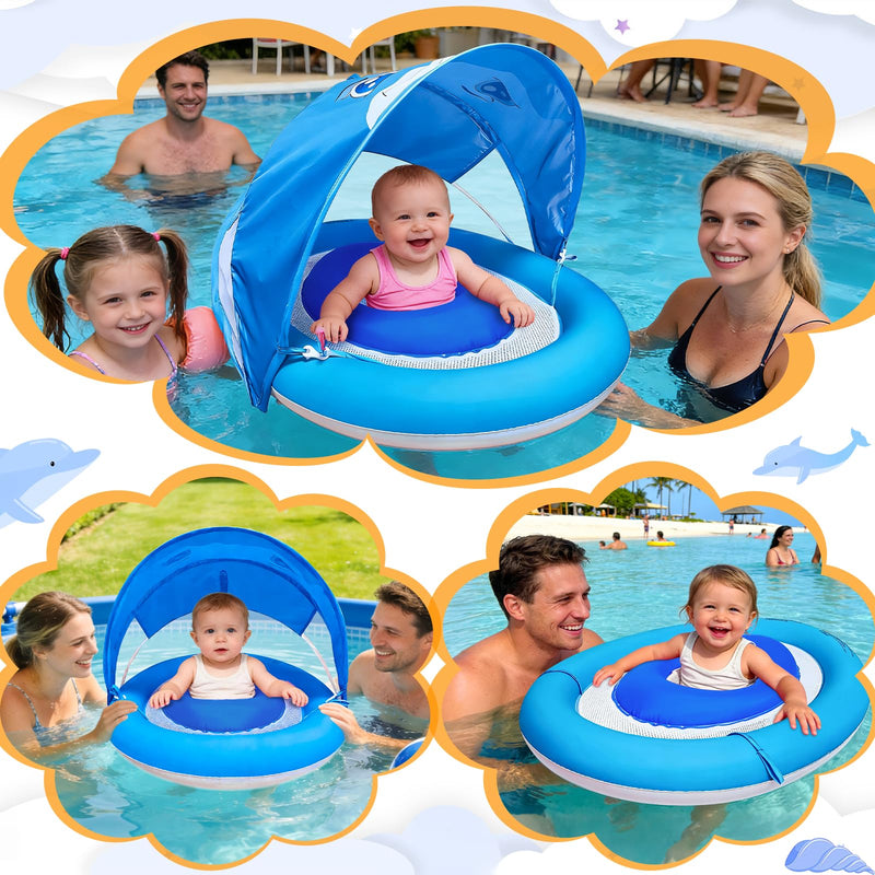 Dolphin Baby Float with Canopy for Age 6-36 Months UPF 50+ Sun Protection Never Flip Over Dual Air Chambers Adjustable Safety Seat 4 Stage Adjustable Canopy Inflatable Swim Pool Float Toddler Infant blue