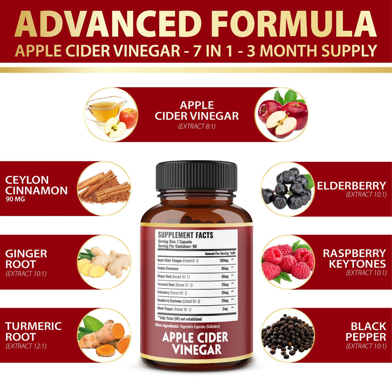 Zolotus 7 in 1 Apple Cider Vinegar Capsules, Equivalent to 3650mg, 3 Month Supply with Ceylon Cinnamon, Ginger Root, Turmeric, Elderberry, Best Supplement for Digestion, Immune 90 Count (Pack of 1) - BeesActive Australia