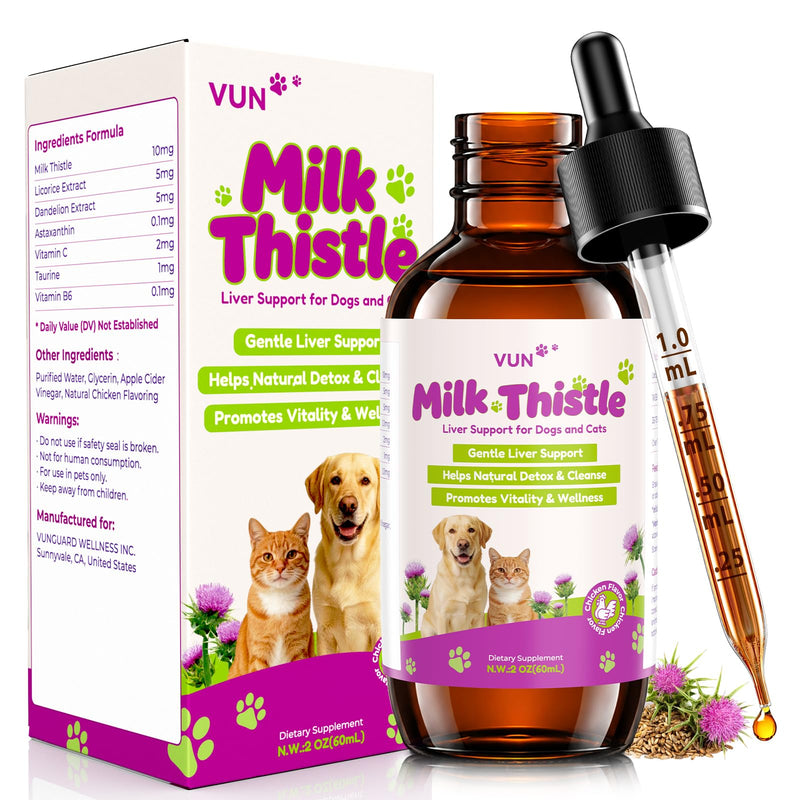 Milk Thistle for Dogs & Cats,Liquid Liver Supplement for Dog,Liver Detox &Immune,Herbal Formula with Antioxidants,Easy-Absorb Drop, Chicken Flavor 2 fl oz