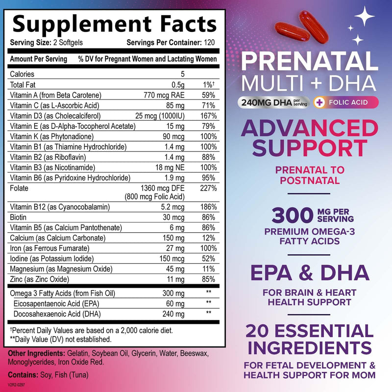 Prenatal Vitamins for Women with Folic Acid + Omega 3 DHA for Fetal Brain Development, Best Prenatal Vitamin Supplement, Daily Pregnancy Multivitamin Nutritional Support, Non-GMO - 240 Softgels 240 Count (Pack of 1)