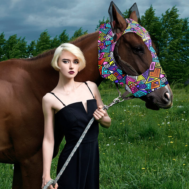 Frienda 4 Pieces Horse Fly Masks for Horses Horse Fly Mask with Ears Face Covering Elasticity Smooth and Comfortable Horse Mask with UV Protection(Large, Geometric) Large - BeesActive Australia