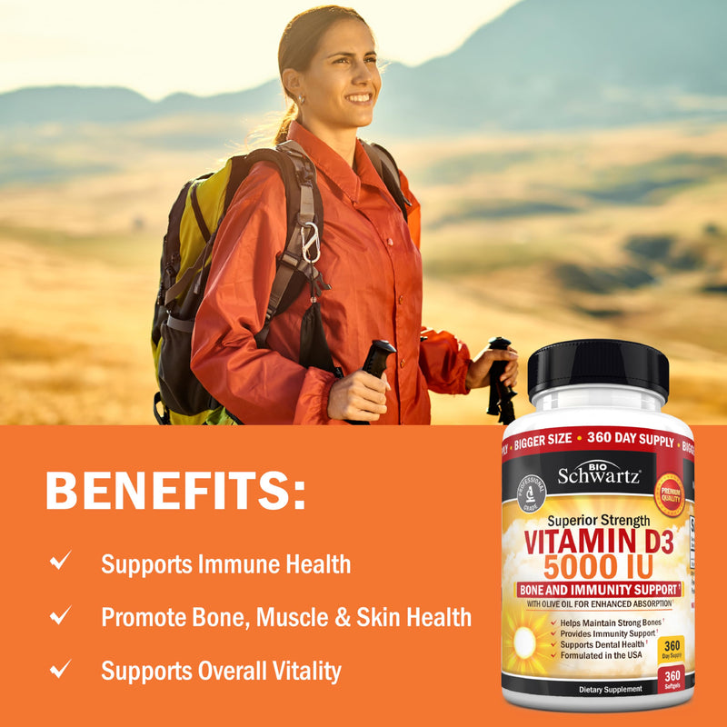 Vitamin D3 5000 IU (125 mcg) Supplement, 360 Softgels | Immune Support, Bone Strength, Healthy Muscle Function, with Olive Oil for Highest Absorption, Gluten Free & Non-GMO