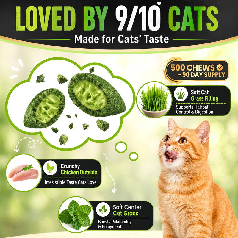 Cat Grass Treats, Hairball Treatment for Cats, Cat Grass for Indoor Cats, Fish Oil for Skin & Coat, Digestion, Taurine for Heart Vision, 500 Crunchy & Creamy Chews with Essential Vitamins of All Ages